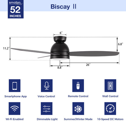 Carro Biscay II 52-inch smart ceiling fan in black-gold finish with 3 blades, featuring Wi-Fi connectivity, smartphone/voice/remote/wall controls, dimmable LED light, and 10-speed DC motor with summer/winter mode - installation diagram showing measurements. 
