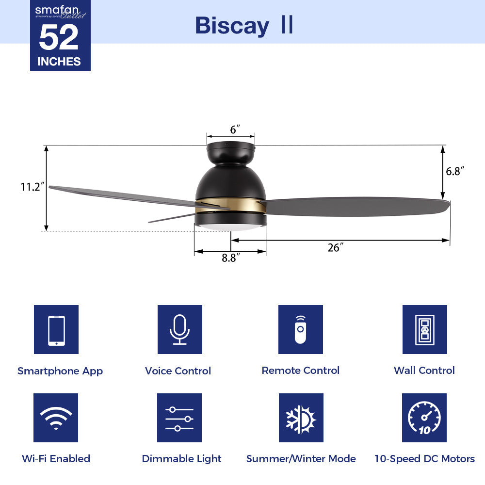 Biscay2 Black and gold 52 inch flush mount LED lighting ceiling fan dimensions graphic showing smartphone app, voice, remote, and wall control options with a 10-speed DC motor. 