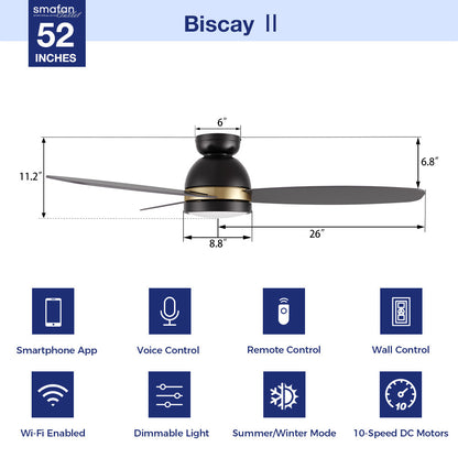 Biscay2 Black and gold 52 inch flush mount LED lighting ceiling fan dimensions graphic showing smartphone app, voice, remote, and wall control options with a 10-speed DC motor. 
