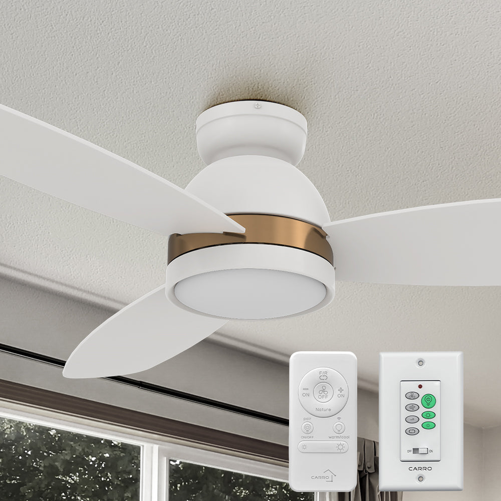 Carro Biscay 52 inch smart outdoor ceiling fan designed with remote and wall switch control, elegant plywood blades and integrated 4000K LED daylight. 