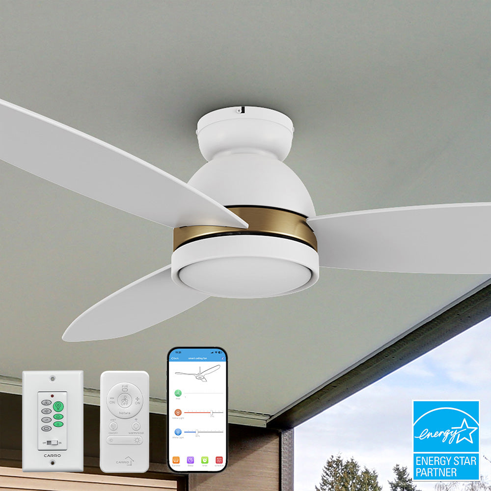 Carro Biscay 52 inch smart outdoor ceiling fan designed with remote and wall switch control, elegant plywood blades and integrated 4000K LED daylight. #color_white-gold