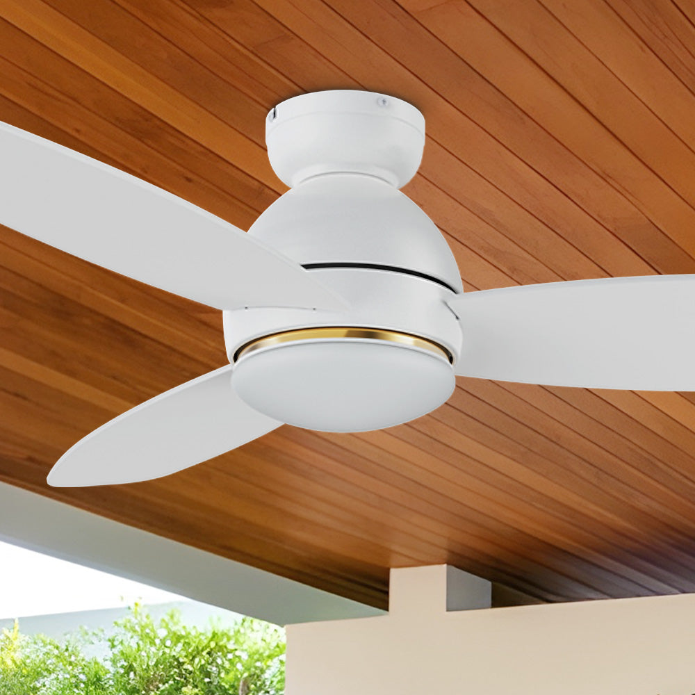 Carro Bretton 48 inch smart outdoor ceiling fan with light designed with white finish, elegant plywood blades and integrated 4000K LED daylight. 