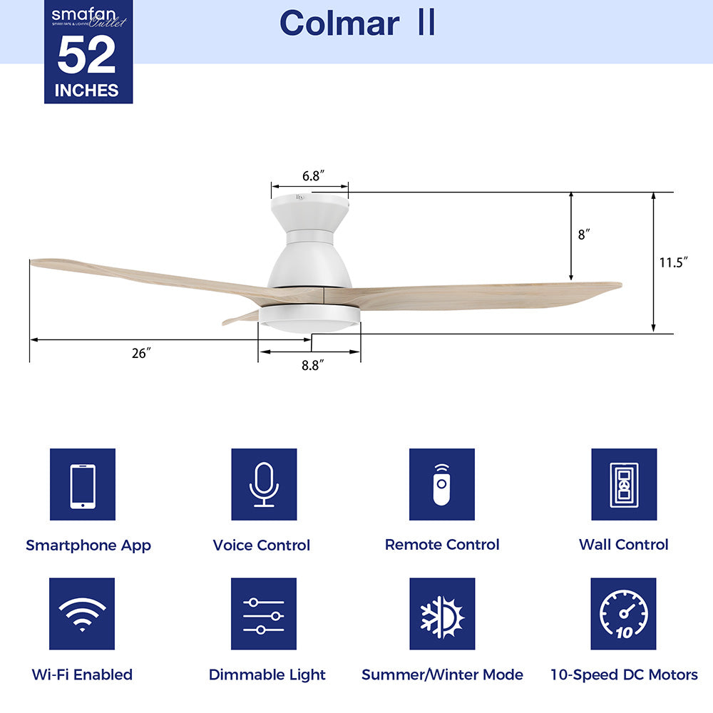 A technical diagram of the Smafan Colmar 52-inch low profile Ceiling Fan with 10-speeds Reversible DC motor, featuring light wood blades, designed for indoor and outdoor use. Features include smartphone app control, voice control, remote control, wall control, Wi-Fi enabled functionality, dimmable light, summer/winter mode, and 10-speed DC motors for customizable cooling. 