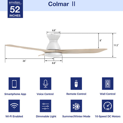 A technical diagram of the Smafan Colmar 52-inch low profile Ceiling Fan with 10-speeds Reversible DC motor, featuring light wood blades, designed for indoor and outdoor use. Features include smartphone app control, voice control, remote control, wall control, Wi-Fi enabled functionality, dimmable light, summer/winter mode, and 10-speed DC motors for customizable cooling. 