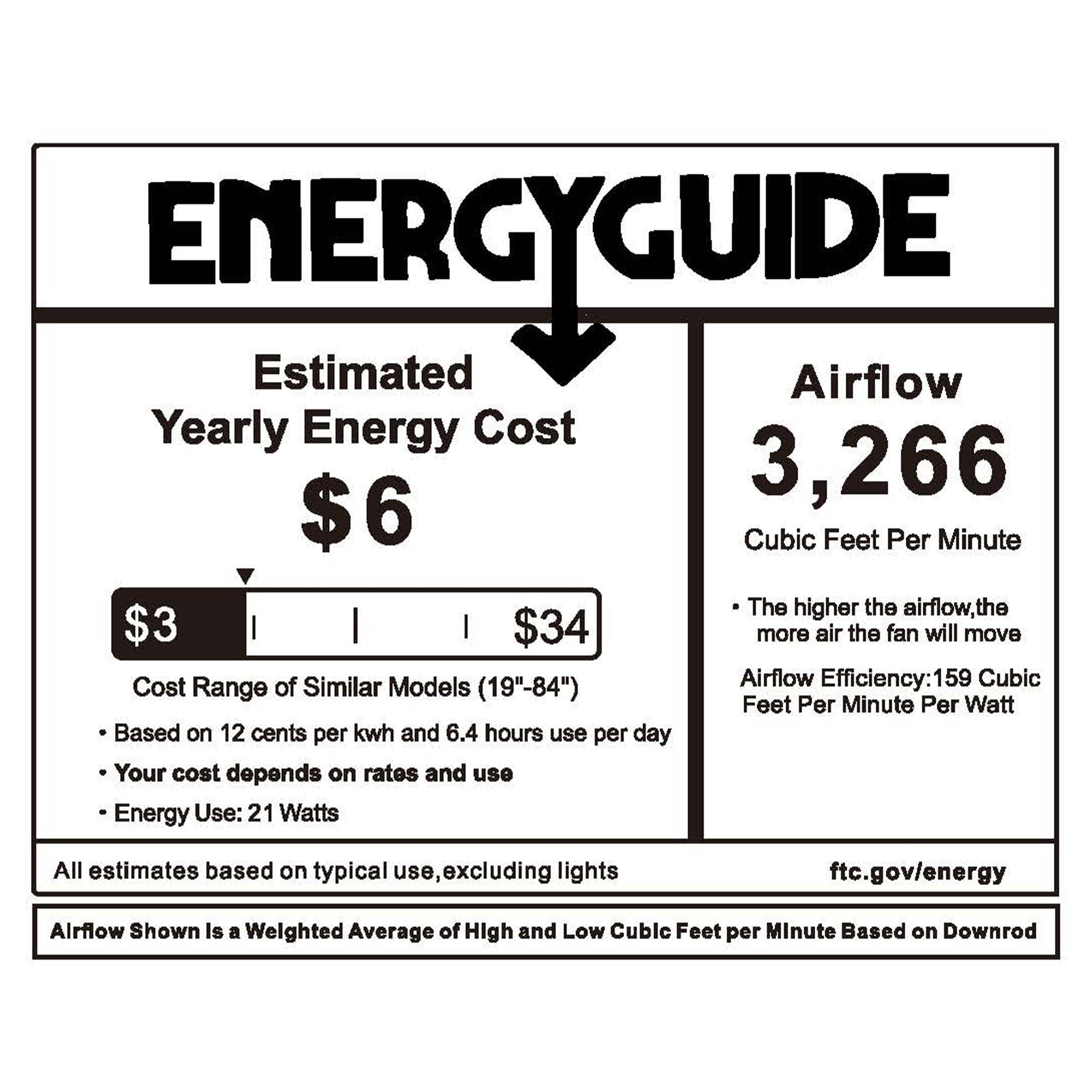 EnergyGuide label showing an estimated yearly energy cost of $6 for the ceiling fan. The fan&