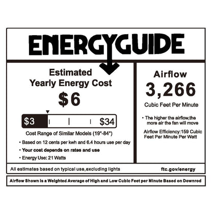 EnergyGuide label showing an estimated yearly energy cost of $6 for the ceiling fan. The fan&