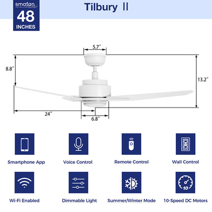 Smafan Tilbury II 48-inch smart ceiling fan in white with dimensions labeled (13.2&quot; height, 24&quot; blade length, 6.8&quot; light width), featuring Wi-Fi app, voice control, remote and wall control, dimmable light, summer/winter mode, and 10-speed DC motor. 