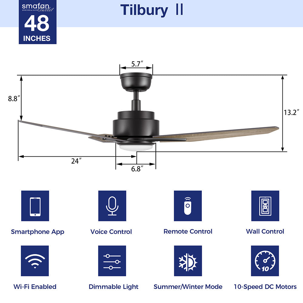 Smafan Tilbury II 48-inch outdoor smart ceiling fan with wood finish, featuring Wi-Fi connectivity, smartphone/voice/remote/wall controls, dimmable lighting, and 10-speed DC motor with summer/winter mode - technical diagram showing measurements 