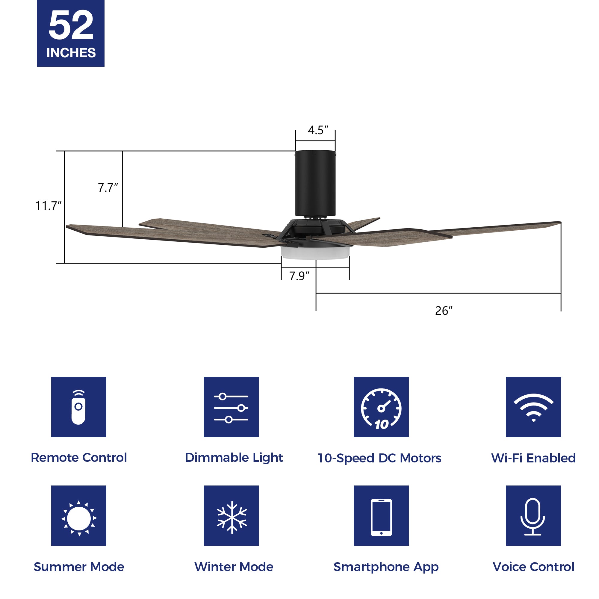 This Smafan Voyager 52'' smart ceiling fan keeps your space cool, bright, and stylish. It is a soft modern masterpiece perfect for your large indoor living spaces. This Wifi smart ceiling fan is a simplicity designing with Black finish, use elegant Plywood blades, Glass shade and has an integrated 4000K LED daylight. The fan features Remote control, Wi-Fi apps, Siri Shortcut and Voice control technology (compatible with Amazon Alexa and Google Home Assistant ) to set fan #color_light-wood