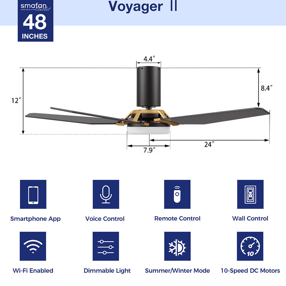 Voyager2 Wifi smart ceiling fan is a simplicity designing with Black finish, use elegant Plywood blades, Glass shade and has an integrated 4000K LED cool light. The fan features Remote control, wall switch control, Wi-Fi apps, Siri Shortcut and Voice control technology (compatible with Amazon Alexa and Google Home Assistant ) to set fan preferences. 