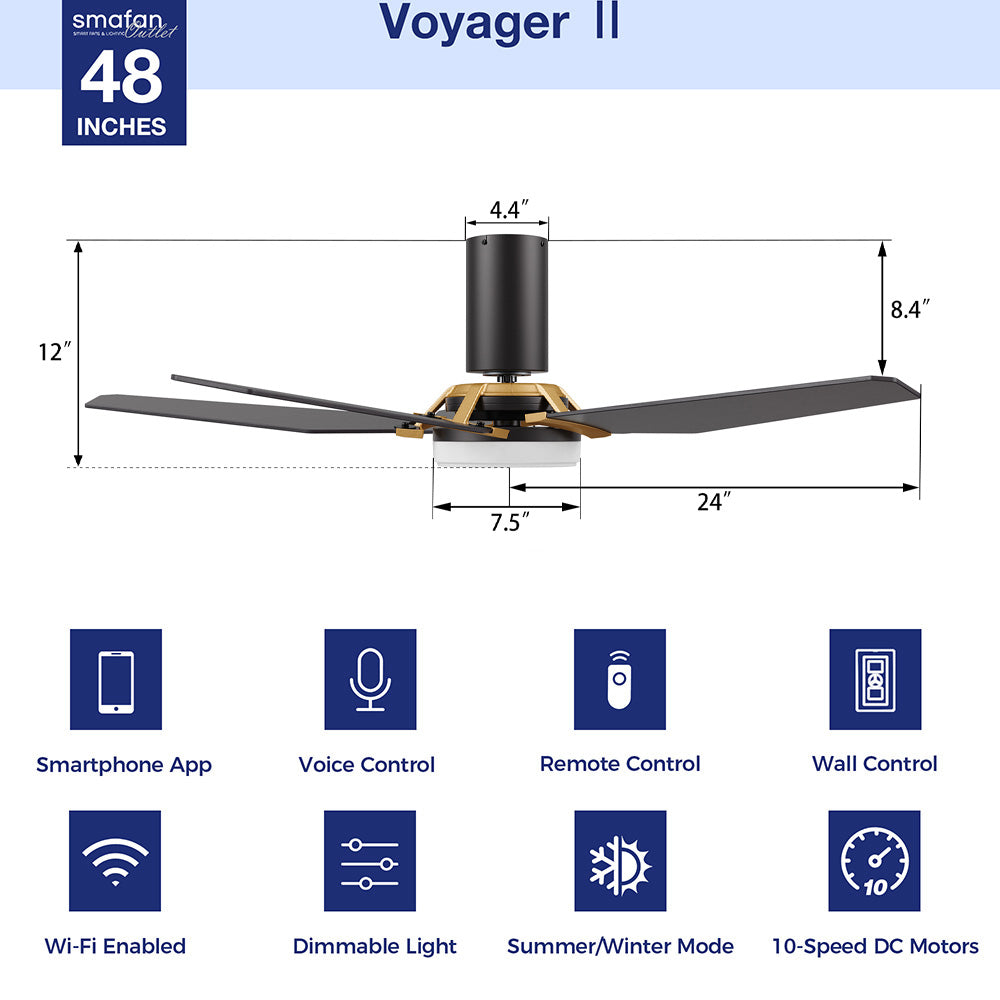 Voyager2 Wifi smart ceiling fan is a simplicity designing with Black finish, use elegant Plywood blades, Glass shade and has an integrated 4000K LED cool light. The fan features Remote control, wall switch control, Wi-Fi apps, Siri Shortcut and Voice control technology (compatible with Amazon Alexa and Google Home Assistant ) to set fan preferences. 