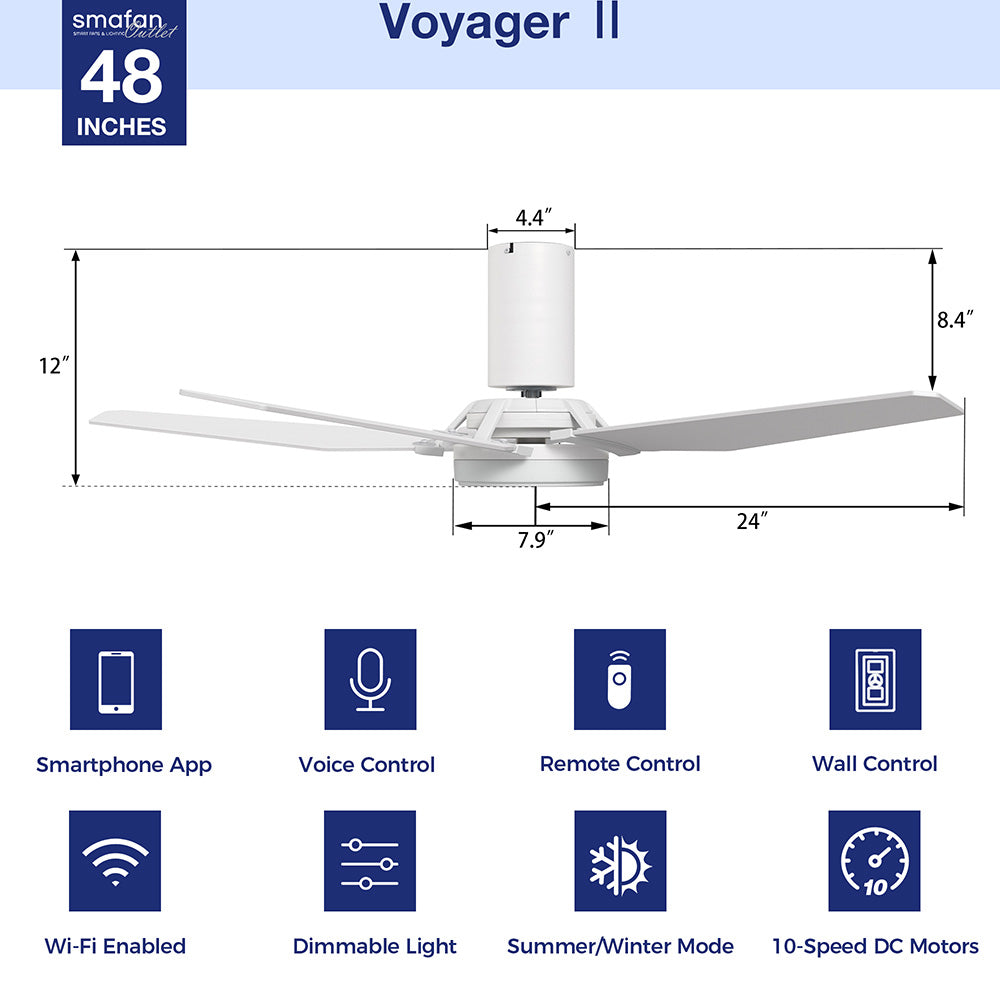 Diagram of the Smafan Voyager II 48-inch smart ceiling fan with precise measurements (blade span: 48", height: 12") and icons showing features like smartphone app, voice control, remote, wall control, Wi-Fi, dimmable light, reversible motor for summer/winter mode, and 10-speed DC motor. 