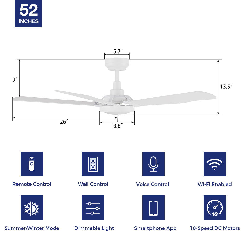 SmaFan Wilkes 52-inch white ceiling fan with light, featuring three blades, integrated LED light, and dimensions: 52-inch blade span, 13.5-inch height, 5.7-inch motor diameter, and 26-inch blade-to-blade width. Includes feature icons for remote control, wall control, voice control, Wi-Fi connectivity, summer/winter reversible mode, dimmable light, smartphone app compatibility, and a 10-speed quiet DC motor, suitable for indoor and outdoor use. 