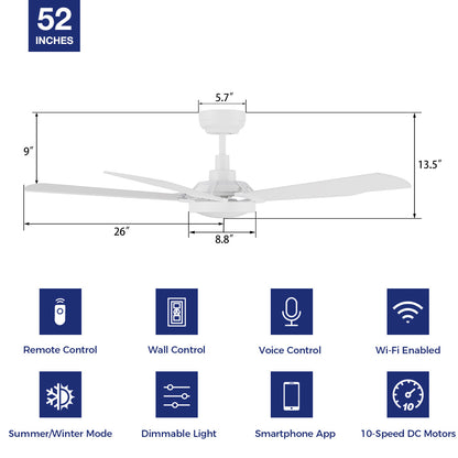 SmaFan Wilkes 52-inch white ceiling fan with light, featuring three blades, integrated LED light, and dimensions: 52-inch blade span, 13.5-inch height, 5.7-inch motor diameter, and 26-inch blade-to-blade width. Includes feature icons for remote control, wall control, voice control, Wi-Fi connectivity, summer/winter reversible mode, dimmable light, smartphone app compatibility, and a 10-speed quiet DC motor, suitable for indoor and outdoor use. 