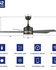 Detail size of Lakeland 52 inch smart ceiling fan with light, indoor and outdoor used. 