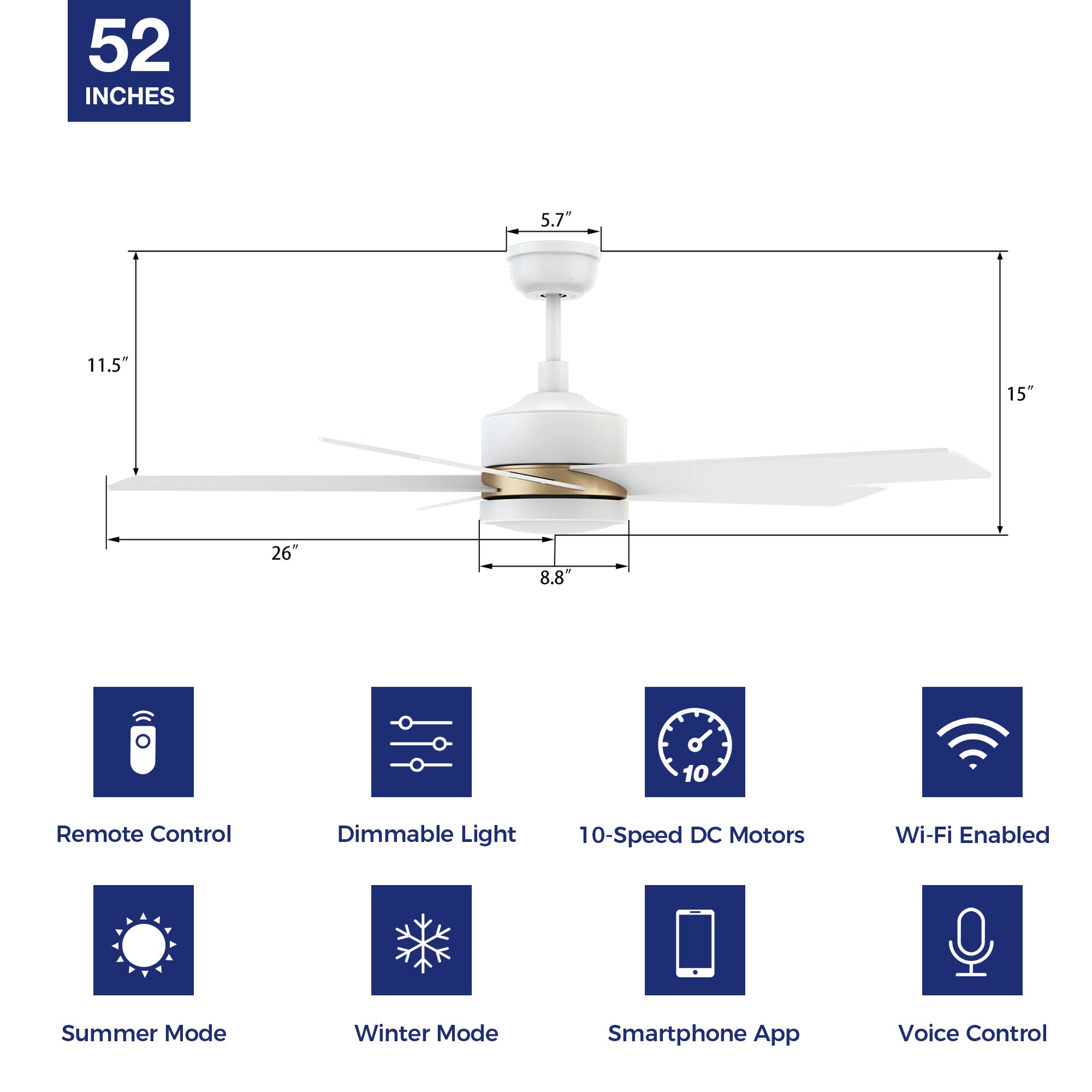 Detail size of Lakeland 52 inch smart ceiling fan with light, indoor and outdoor used. 