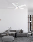 Carro Lakeland 52 inch smart ceiling fan with 5 blades and 4.5 inch downrod, white design, downrod mounted in a modern livingroom. 