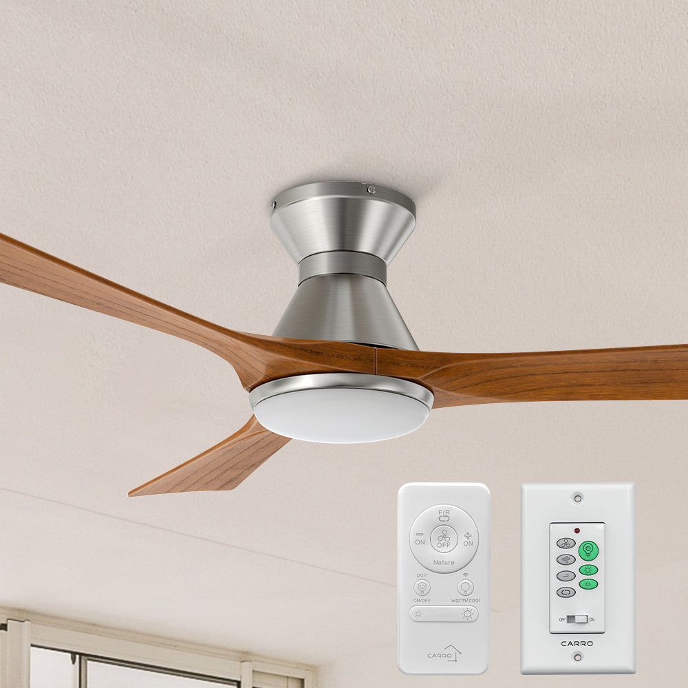 Carro Antrim 52 inch smart ceiling fan with light, remote, and wall switch, designs with silver finish, use elegant solid wood blades and has an integrated 4000K LED daylight. 