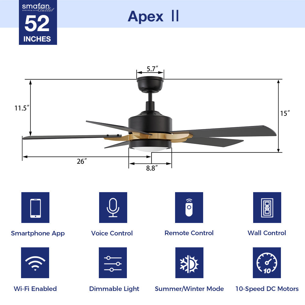 The Smafan Apex 52 inch smart ceiling fan with wall switch keeps your space cool, bright, and stylish. It is a soft modern masterpiece perfect for your large indoor living spaces. This Wifi smart ceiling fan is a simplicity designing with Black finish, use elegant Plywood blades and has an integrated 4000K LED daylight. 