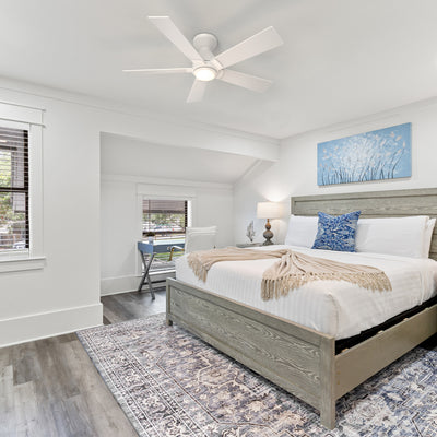 Carro Armoy 52 inch flush mount remote control ceiling fan with light, 5 blades, light wood design, decor in a bedroom. #color_white-light-wood