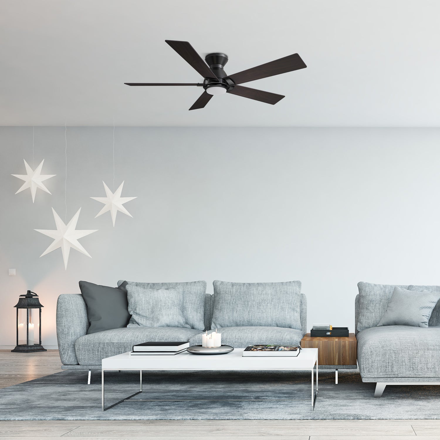 Carro Armoy 52 inch low profile remote control ceiling fan with light, 5 blades, dark wood design, installed in living room. 