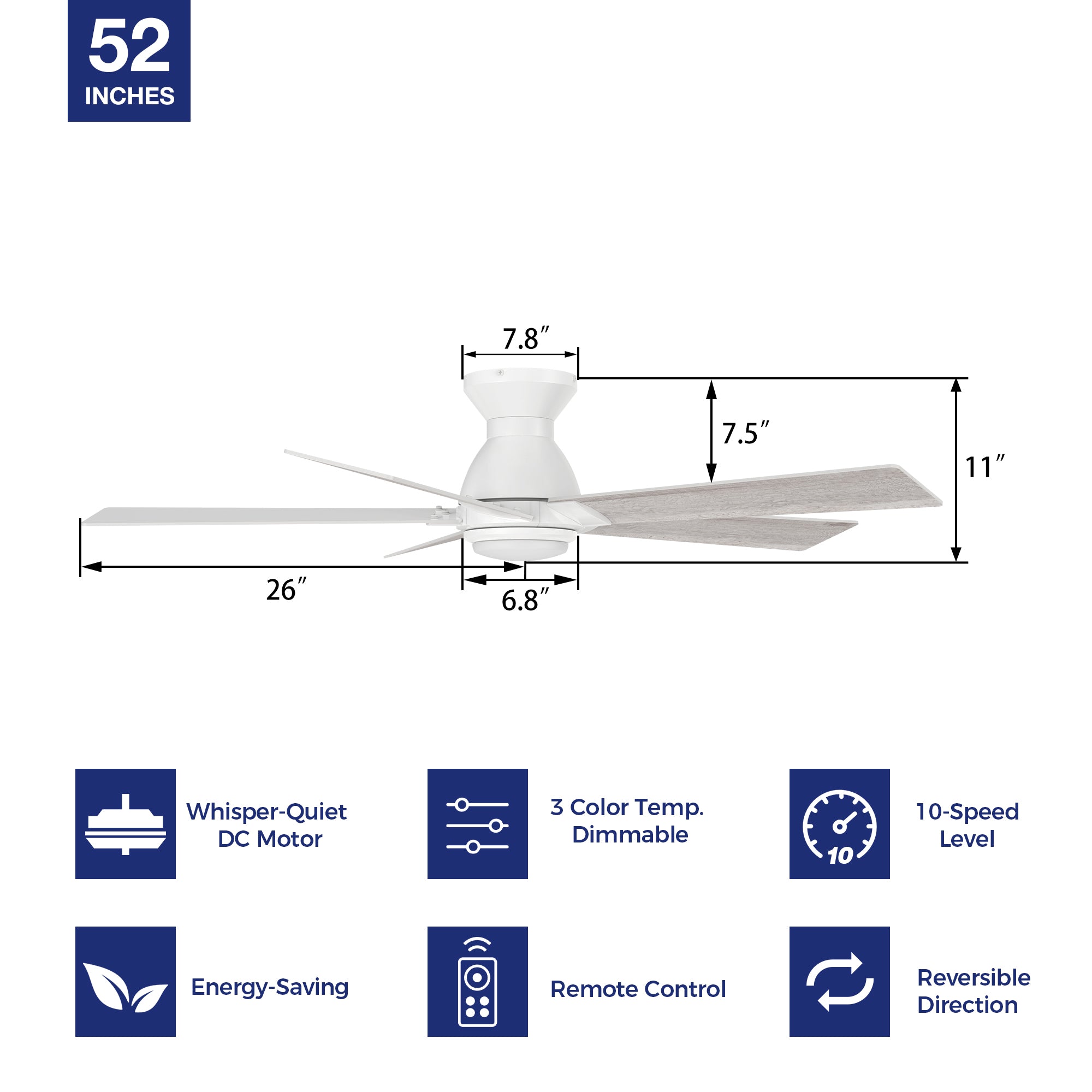 Detail size of Carro Armoy 52 inch flush mount remote control ceiling fan with light. 