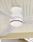 Carro Arran 44 inch modern ceiling fan with lights, a sleek silhouette, elegant blades, and a timeless white and wood finish. 