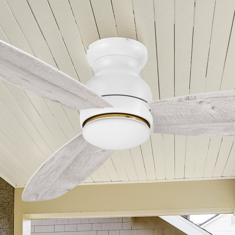 Arran 60 inch smart ceiling fan with lights, features a sleek silhouette, elegant blades, and a timeless white finish for the ideal fit in any home interior! #color_white-light-wood