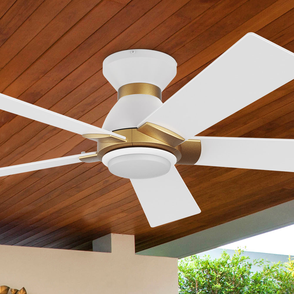 Carro Aspen 48 inch smart ceiling fan with White finish, elegant Plywood blades and integrated 4000K LED cool light. 