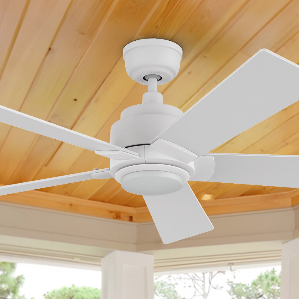 Carro Aspen 48 inch smart ceiling fan with White finish, use elegant Plywood blades and has an integrated 4000K LED cool light. 