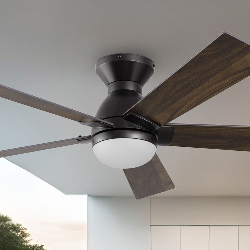 Carro Aspen 52 inch flush mount outdoor ceiling fan with light designed with a silent DC motor. 