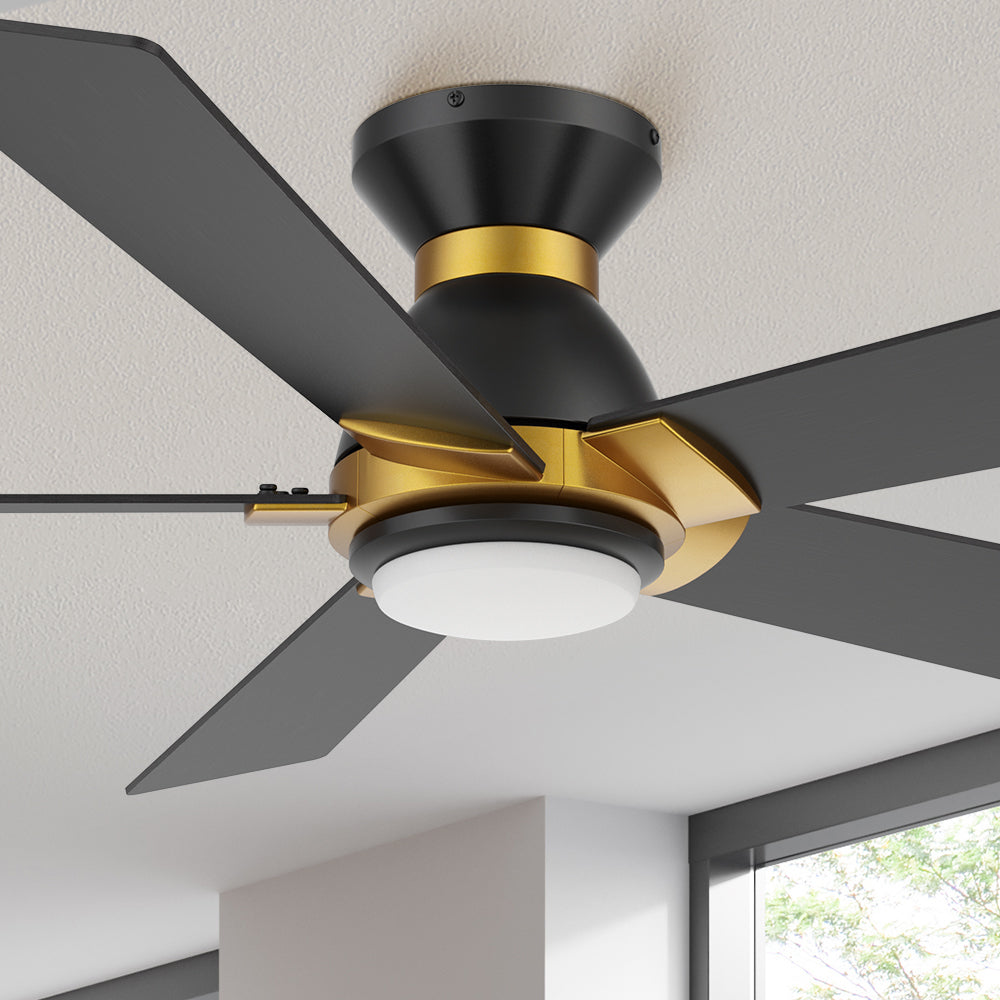 Carro Aspen 52 inch flush mount outdoor ceiling fan with light designed with a silent DC motor. #color_black&gold