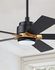 Carro Aspen outdoor ceiling fan with 5 black blades and an extended 6-in rod, Installed in the indoor living space. 
