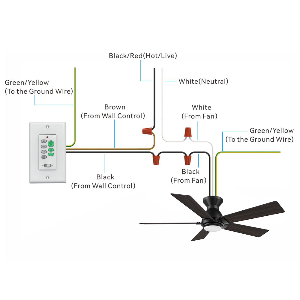 Illustration of the Aspen2 48-inch ceiling fan wiring setup with wall switch control.  It shows the connection of various wires: Black/Red (Hot/Live), White (Neutral), Green/Yellow (Ground), and Black/Brown wires from the wall control and ceiling fan.  The image includes a black ceiling fan with five blades, a wall control switch with multiple buttons, and detailed wiring instructions for proper installation. 