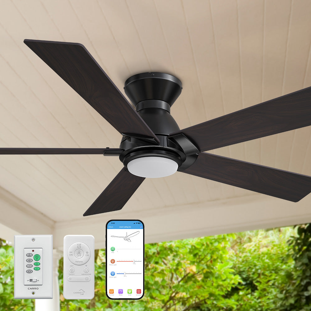 Carro Aspen 48 inch smart ceiling fan with light wood finish, elegant Plywood blades and integrated 4000K LED cool light.