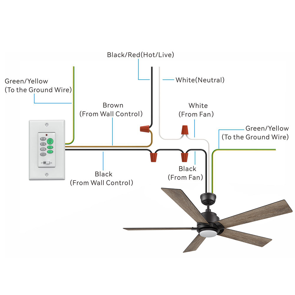 Illustration of the aspen 48-inch ceiling fan wiring setup with wall switch control. It shows the connection of various wires: Black/Red (Hot/Live), White (Neutral), Green/Yellow (Ground), and Black/Brown wires from the wall control and ceiling fan. The image includes a black ceiling fan with five blades, a wall control switch with multiple buttons, and detailed wiring instructions for proper installation. 