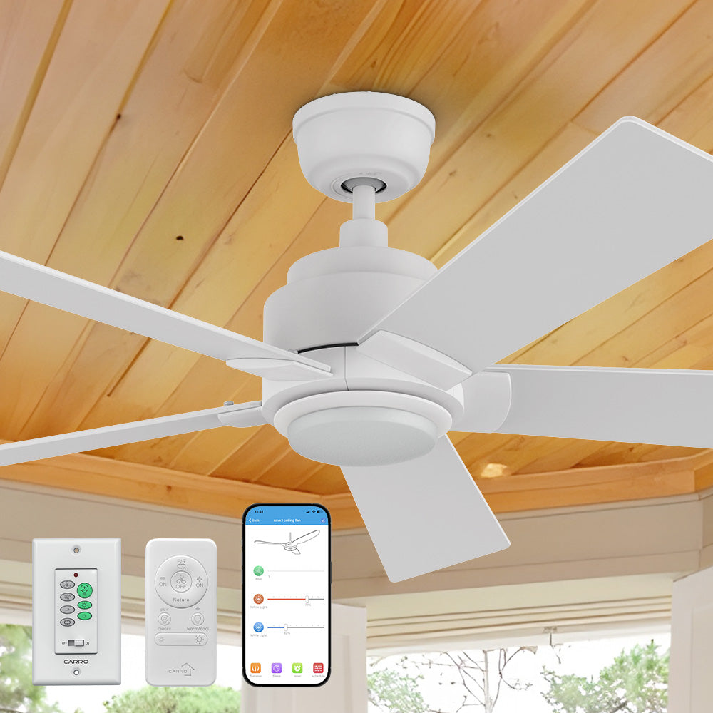 Smafan Carro Aspen 48-inch Smart Outdoor Ceiling Fan with LED light, featuring white blades, mounted on a gray ceiling for efficient airflow and cooling.  The ceiling fan is shown with a Carro white wall switch, a handheld remote, and a smartphone displaying a control app, highlighting smart operation for customizable lighting and cooling in indoor or outdoor settings. 