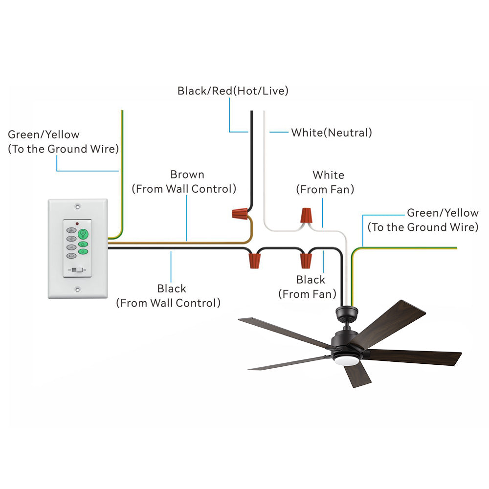 Illustration of a wiring diagram for ceiling fan with light, showing the connection of wires from the wall switch control and ceiling fan. The image shows the connection of various wires: Black/Red (Hot/Live), White (Neutral), Green/Yellow (Ground), and Black/Brown wires from the wall control and ceiling fan. It includes 56 inch black ceiling fan with 5 blades, a wall control switch with multiple buttons, and detailed wiring instructions for proper installation. 