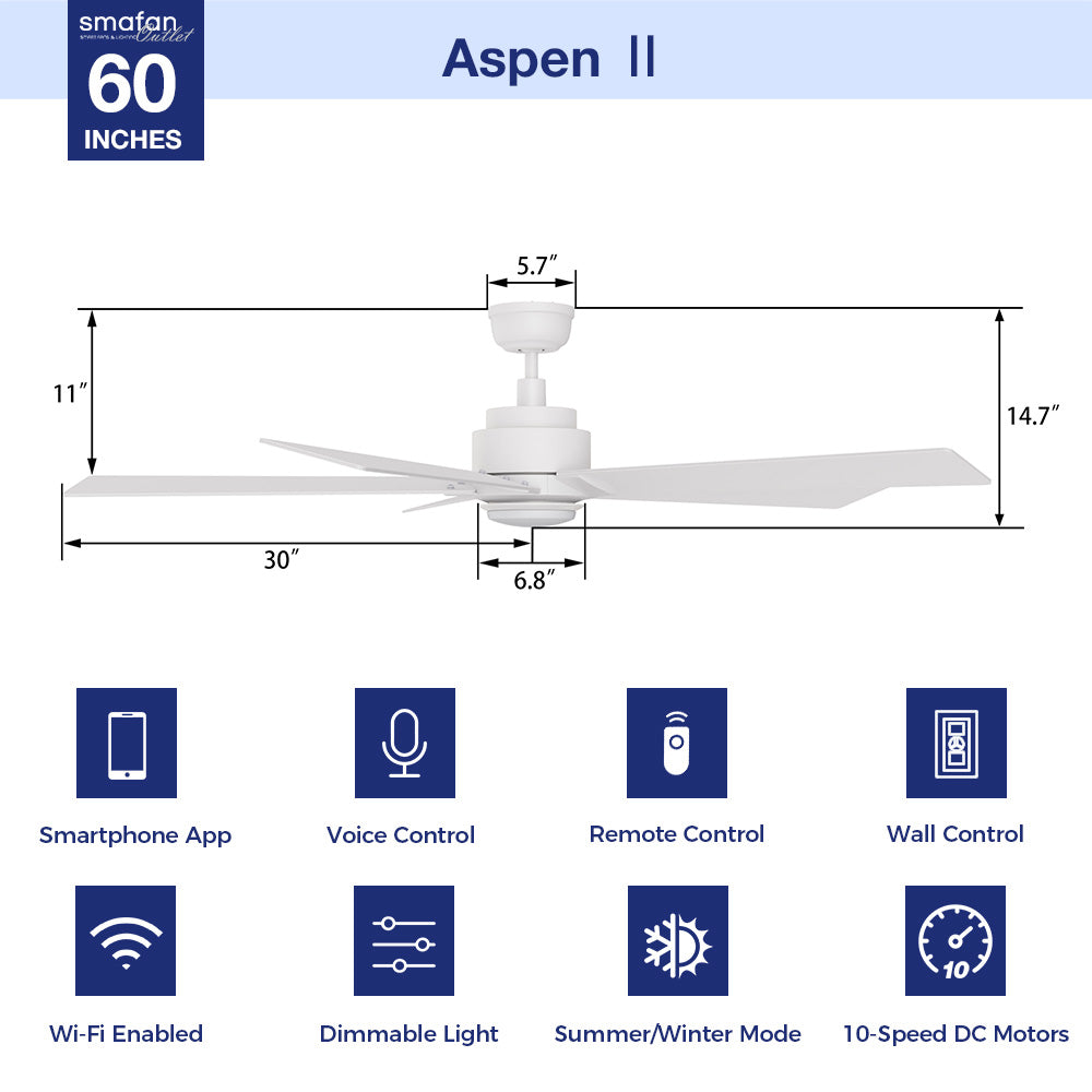 Diagram of the 60-inch Aspen smart ceiling fan in clean white, showcasing dimensions, including a blade span of 30 inches, a height of 14.7 inches, and advanced features like a 10-speed DC motor, Wi-Fi compatibility, voice control, dimmable LED light, summer/winter mode, smartphone app integration, remote control, and wall control. 