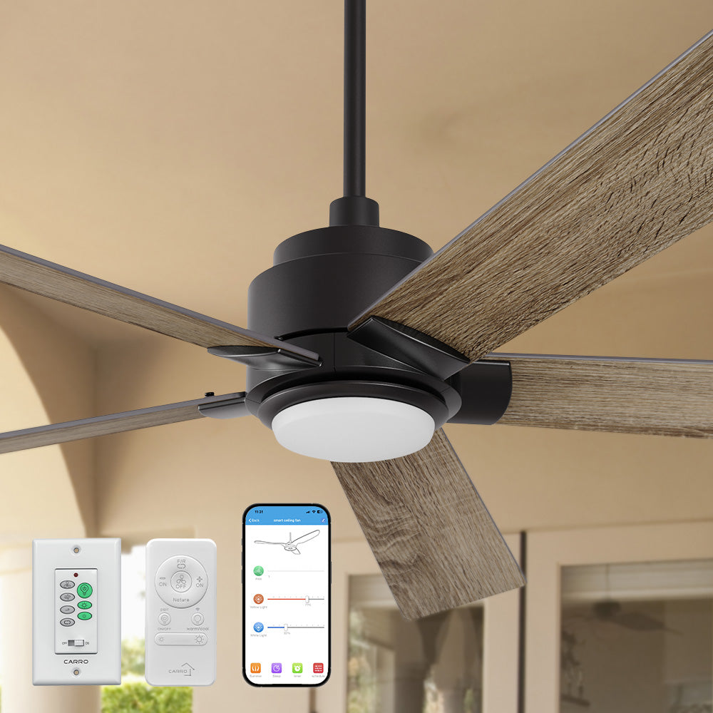 Smafan Carro Aspen2 60-inch smart outdoor ceiling fan with LED light, featuring a modern black motor housing and five dark wood-finished blades. The fan is installed on a white ceiling in a contemporary indoor-outdoor living space. Includes a built-in LED light and comes with both a handheld remote control and a wall control panel for fan speed, lighting, and smart functions. 