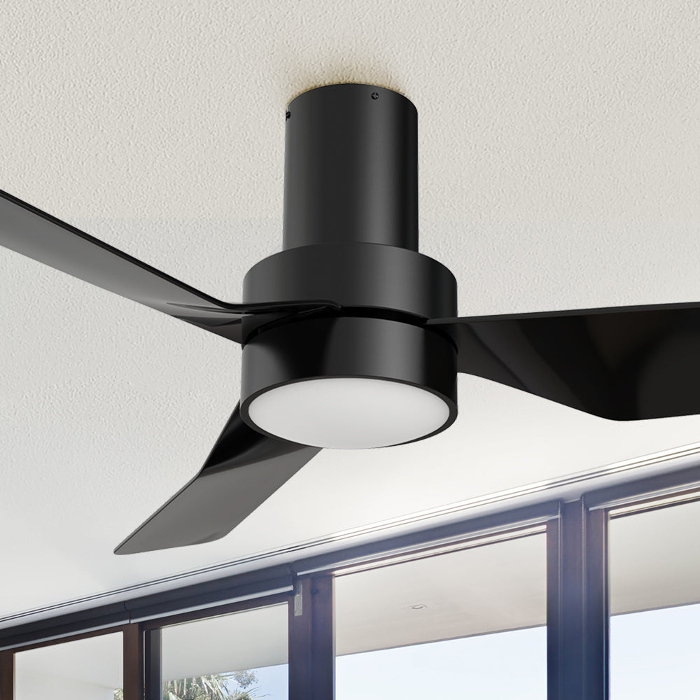 Carro Barnet 44 inch smart flush mount ceiling fan design with Black finish, strong ABS blades and integrated 4000K LED cool light.
