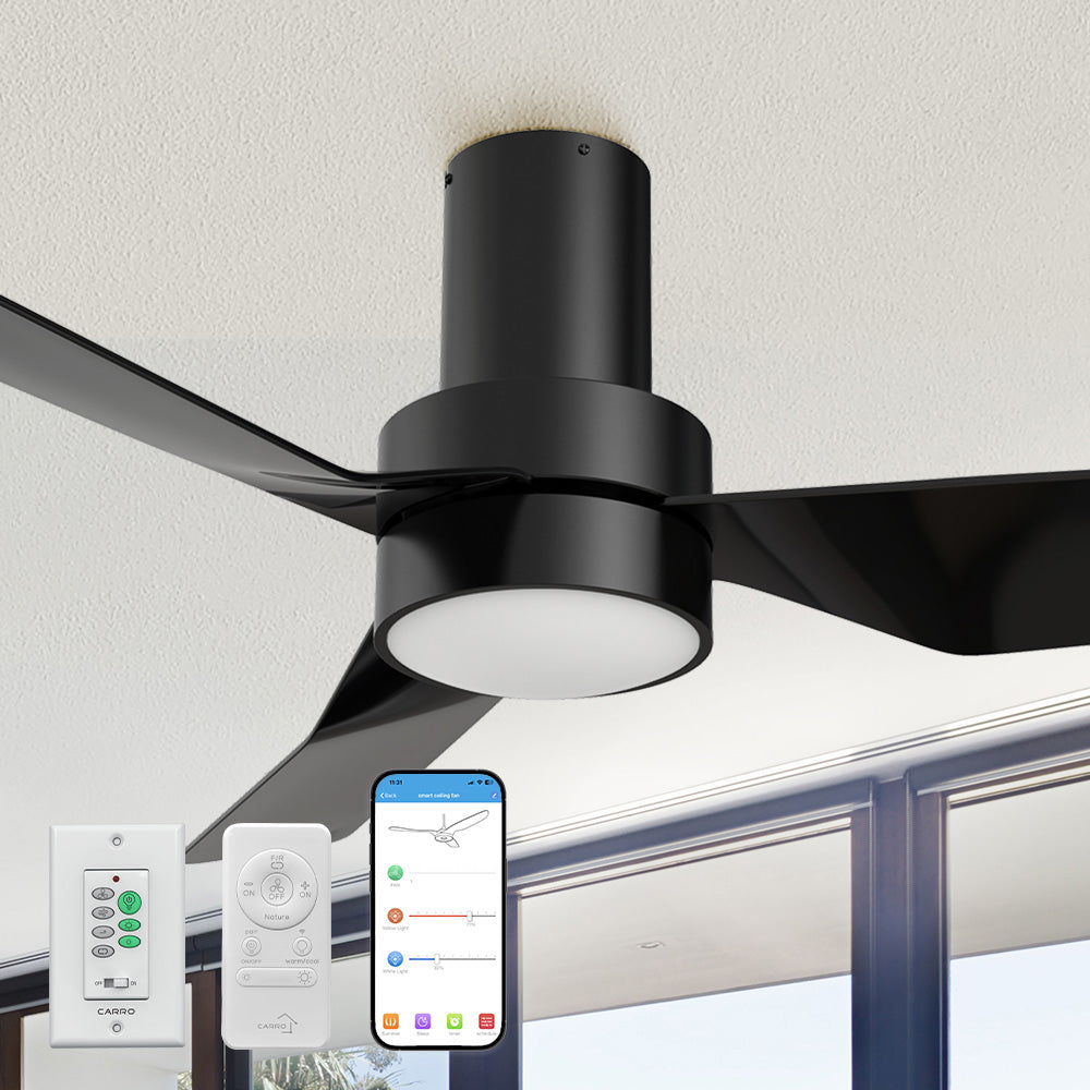Carro Barnet2 44 inch small flush mount ceiling fan design with Black finish, wall control, remote control and Smart wifi-enable app control by phone. 