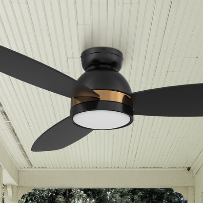 Carro Biscay 48 inch smart outdoor ceiling fan designed with black and gold finish, elegant plywood blades and integrated 4000K LED daylight. 