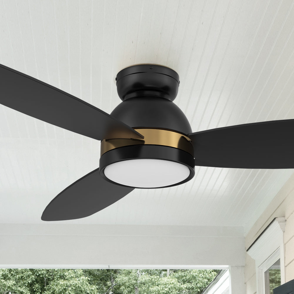 Carro Biscay 52 inch smart outdoor ceiling fan designed with black and gold finish, elegant plywood blades and integrated 4000K LED daylight. #color_black