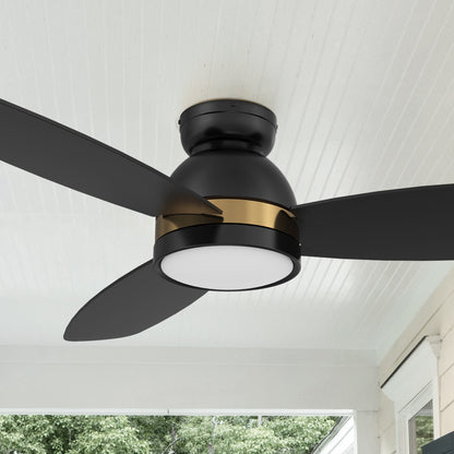 Carro Biscay 52 inch smart outdoor ceiling fan designed with black and gold finish, elegant plywood blades and integrated 4000K LED daylight. 