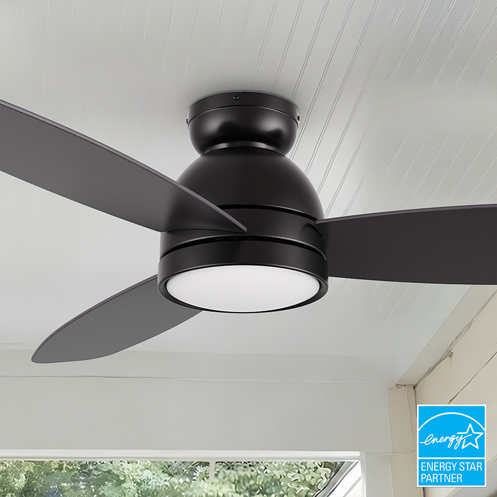 Carro Biscay 52 inch smart outdoor ceiling fan designed with black and gold finish, elegant plywood blades and integrated 4000K LED daylight. 