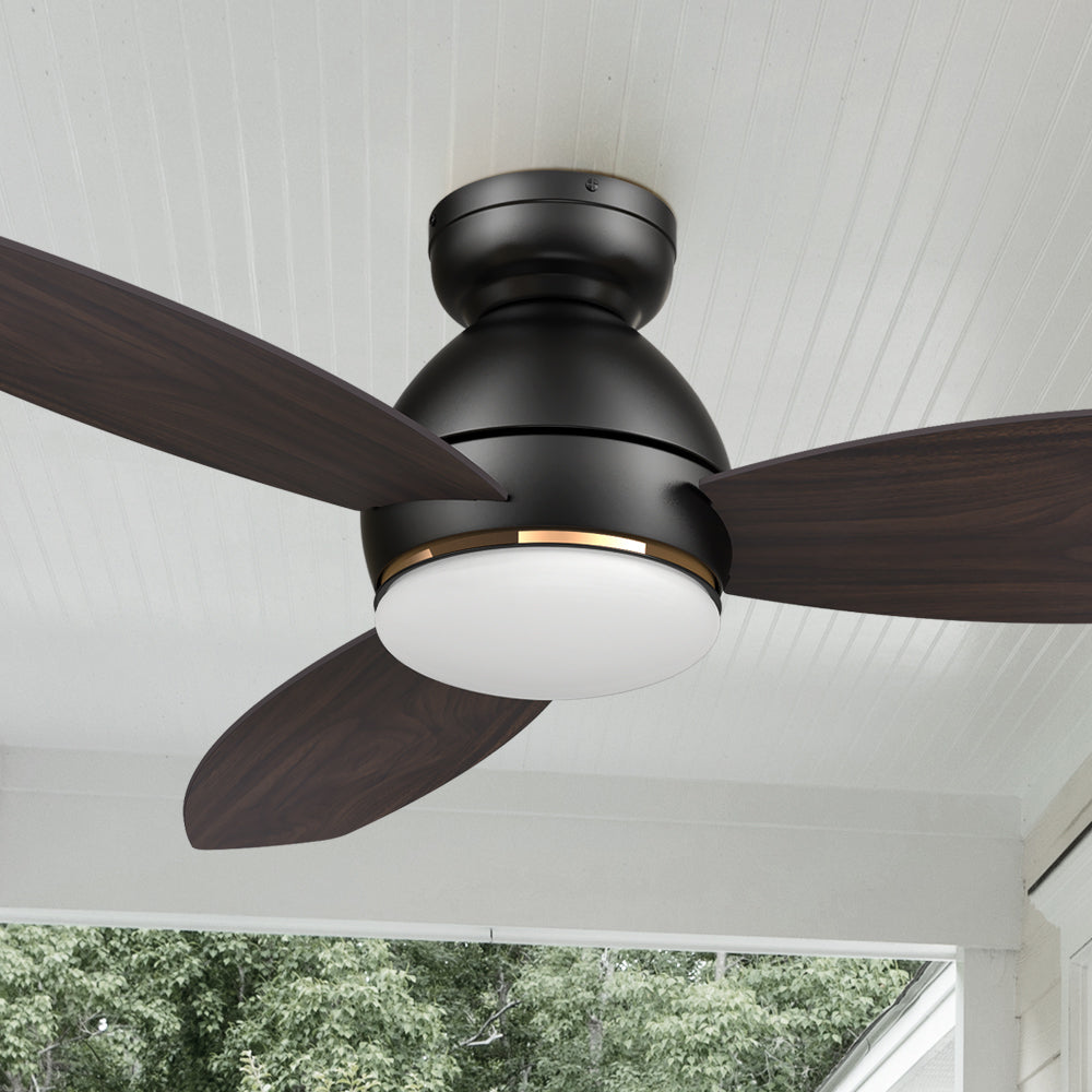 Carro Bretton 48 inch smart outdoor ceiling fan with light designed with dark wood finish, elegant plywood blades and integrated 4000K LED daylight. #color_wood