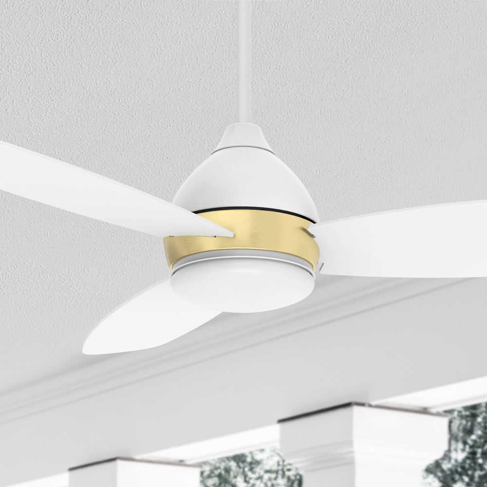 Carro Bretton 48 inch smart outdoor ceiling fan with White finish, elegant Plywood blades and has an integrated 4000K LED cool light.