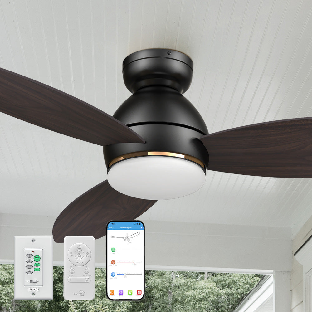Carro Bretton 48 inch smart outdoor ceiling fan with light designed with dark wood finish, elegant plywood blades and integrated 4000K LED daylight. 