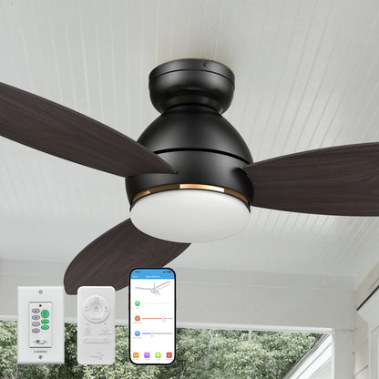 Carro Bretton 48 inch smart outdoor ceiling fan with light designed with dark wood finish, elegant plywood blades and integrated 4000K LED daylight. 